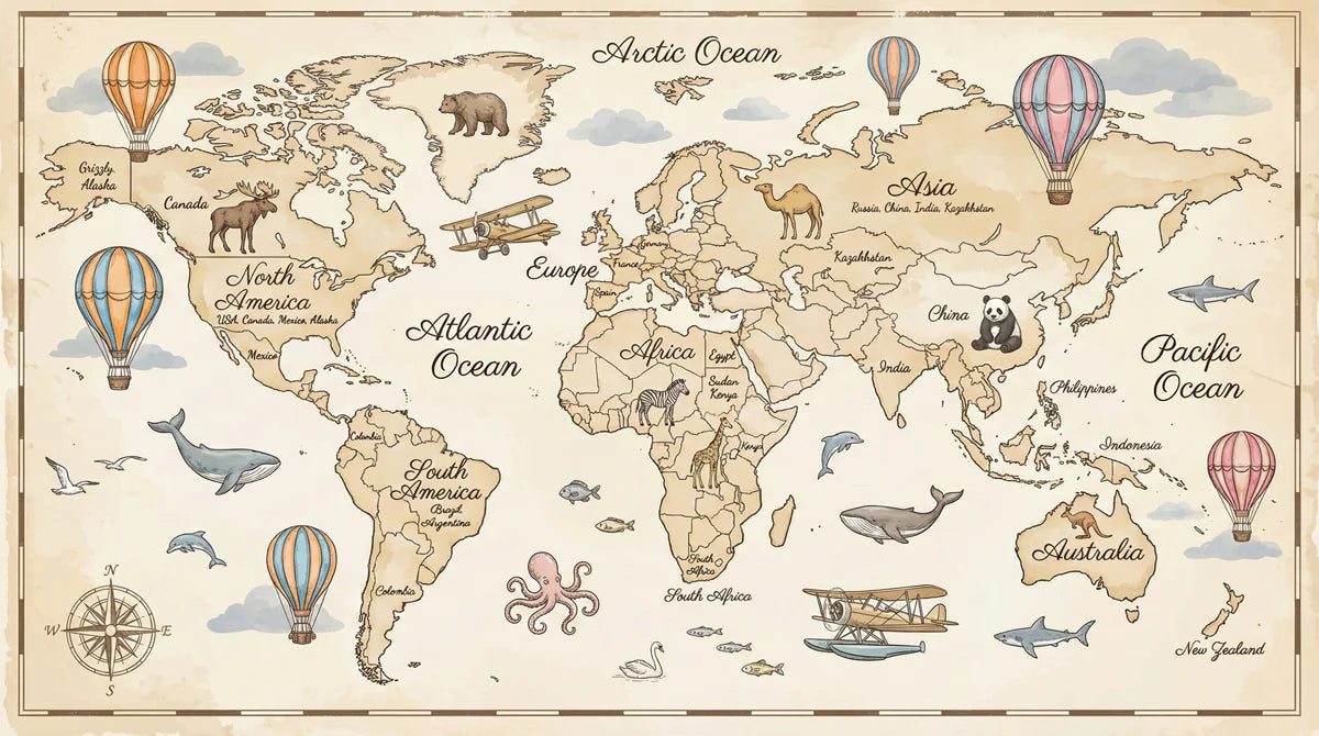 Vintage World Map Mural Wallpaper with Illustrated Animal Accents Mural Wallpaper - room preview 04