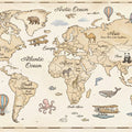 Vintage World Map Mural Wallpaper with Illustrated Animal Accents Mural Wallpaper - room preview 04