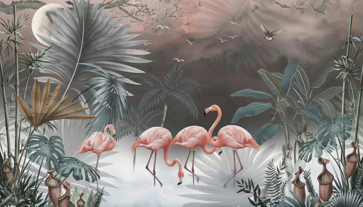Pink Flamingo Jungle Mural Wallpaper — Moody Tropical Botanical Mural Wallpaper - room preview 04