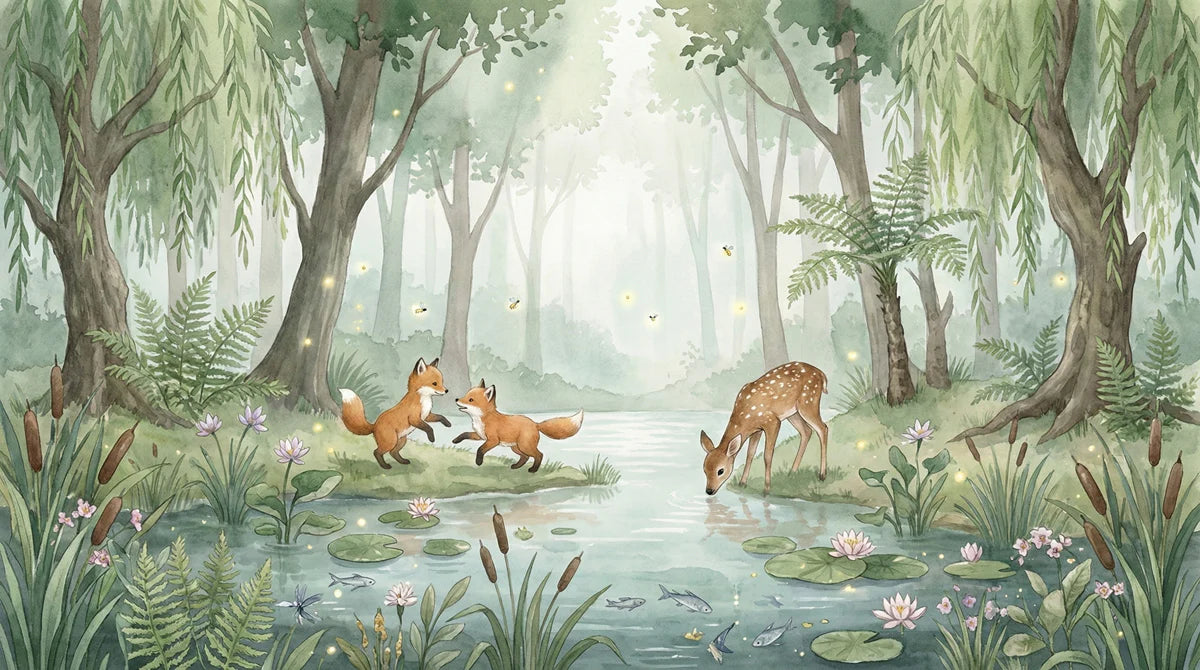 Watercolor Forest Friends Mural Wallpaper — Soft Woodland Scene Mural Wallpaper - room preview 04