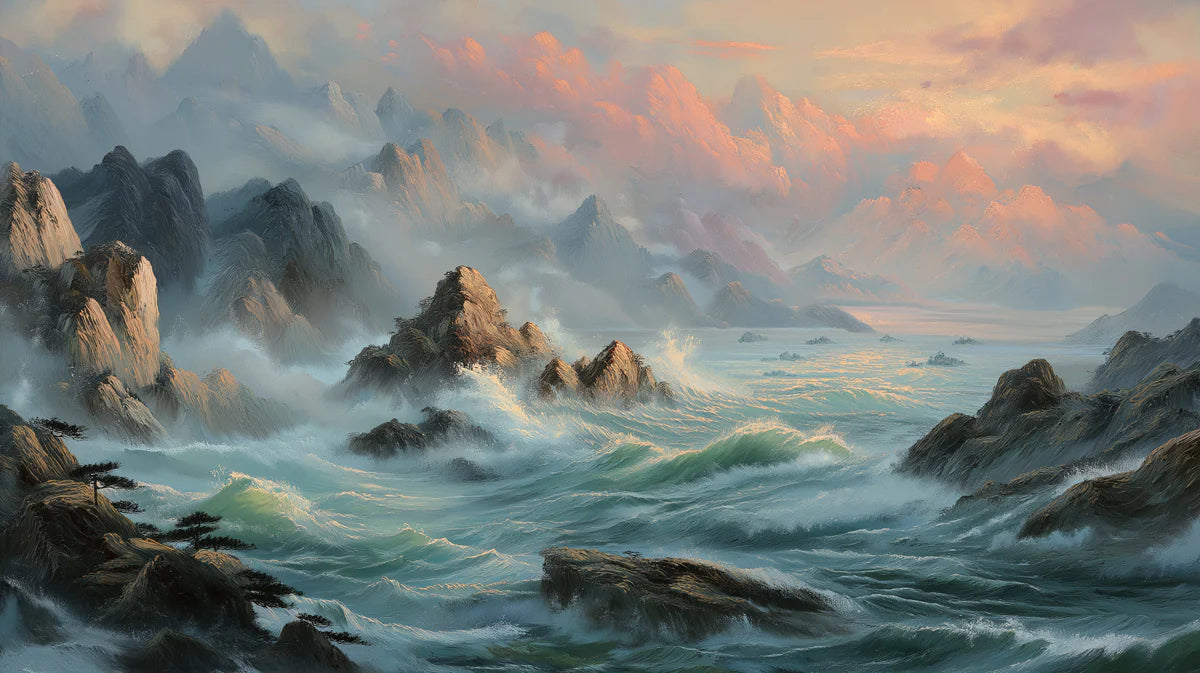 Mist-Covered Mountain Coast Mural Wallpaper — Painterly Oil Scene Mural Wallpaper - room preview 04