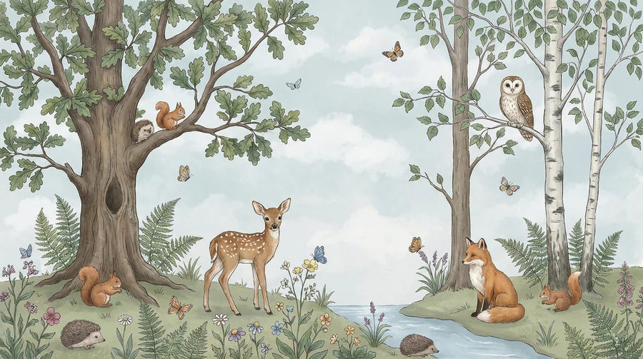 Baby Animals Wallpaper Mural – Cute Animals Wall Mural – Watercolor Woodland Animals — Artistic Forest Scene printable artwork
