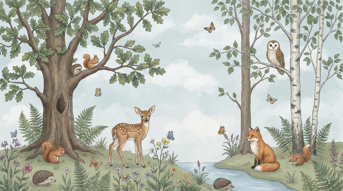 Watercolor Woodland Animals Mural Wallpaper — Artistic Forest Scene Mural Wallpaper - room preview 04