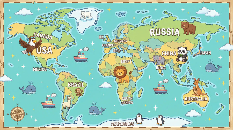 World Map Wallpaper Mural – Map Wall Mural – Educational World Map with Cute Animals printable artwork