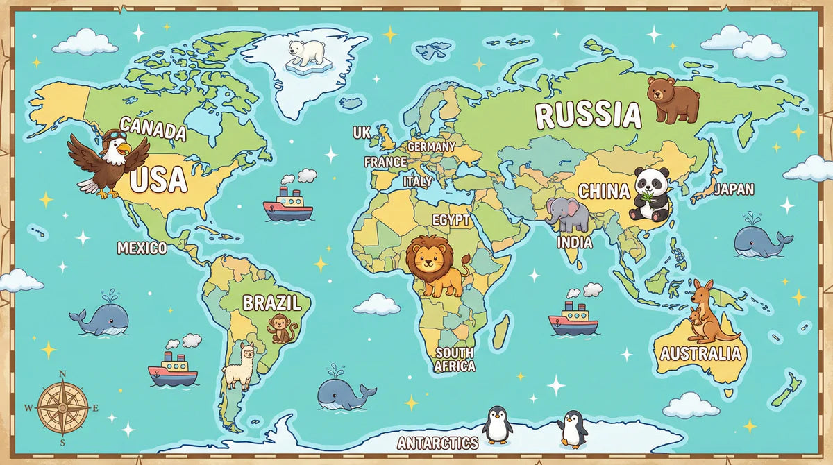 Educational World Map Mural Wallpaper with Cute Animals Mural Wallpaper - room preview 04