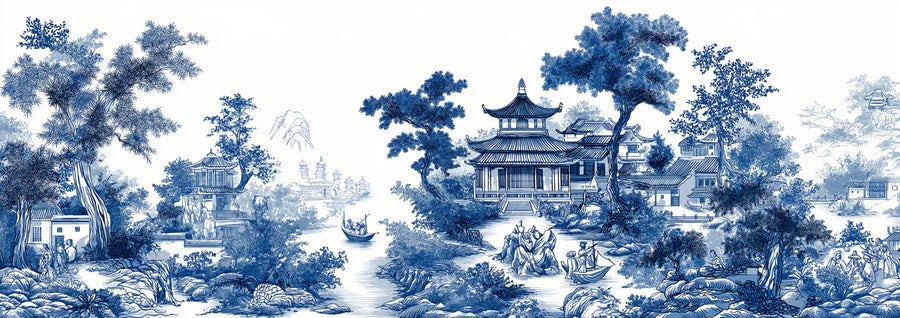 Landscape Wallpaper Mural – Scenery Wall Mural – Chinoiserie Landscape in Cobalt and White printable artwork
