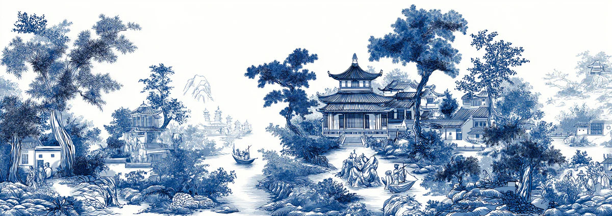 Chinoiserie Landscape Mural Wallpaper in Cobalt and White Mural Wallpaper - room preview 04