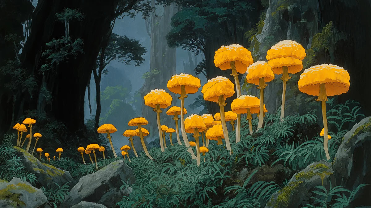 Glowing Forest Mushroom Mural Wallpaper — Whimsical Nature Art Mural Wallpaper - room preview 04
