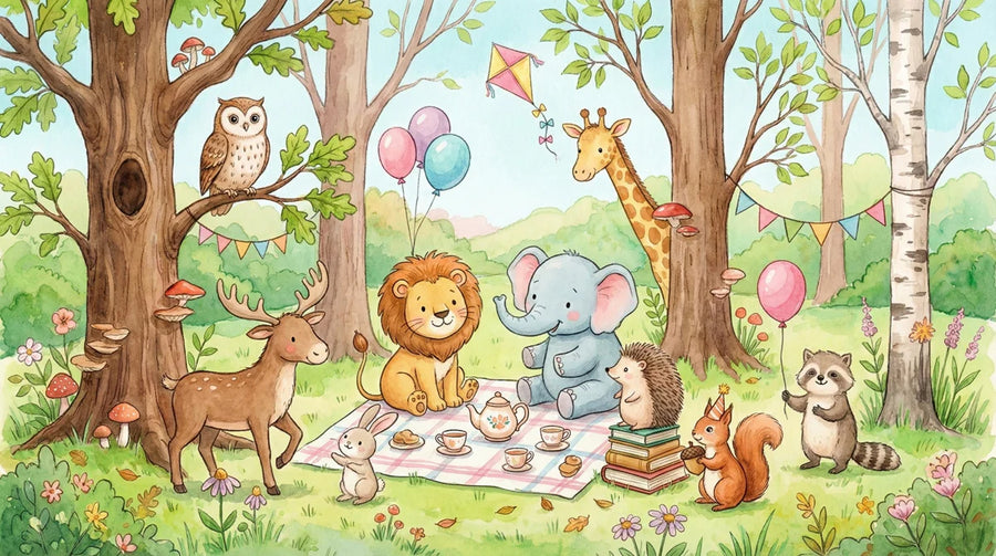Baby Animals Wallpaper Mural – Cute Animals Wall Mural – Watercolor Woodland Animals Picnic — Whimsical Decor printable artwork