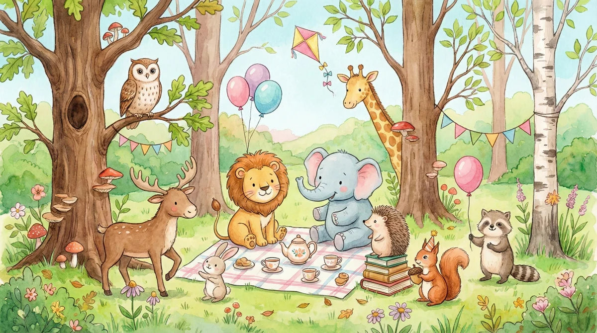 Watercolor Woodland Animals Picnic Mural Wallpaper — Whimsical Decor Mural Wallpaper - room preview 04
