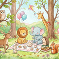Watercolor Woodland Animals Picnic Mural Wallpaper — Whimsical Decor Mural Wallpaper - room preview 04