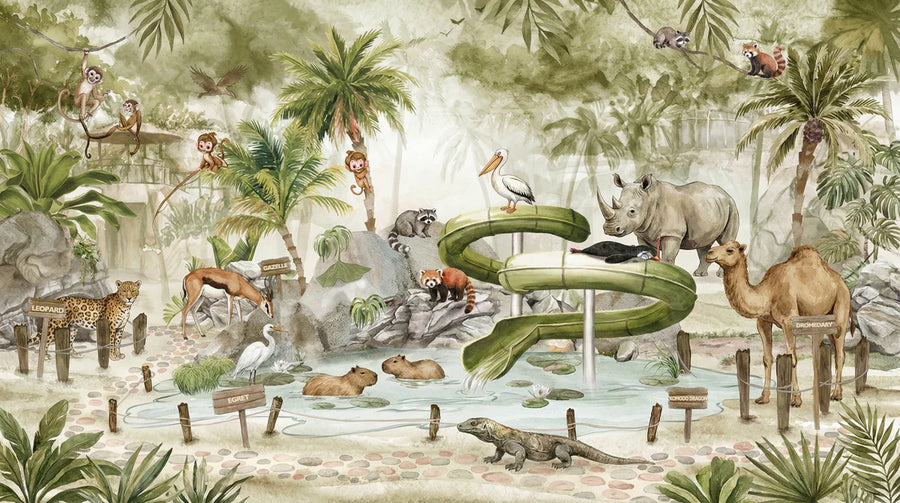 Baby Animals Wallpaper Mural – Cute Animals Wall Mural – Vintage Zoo Animal Jungle — Soft Sepia Watercolor printable artwork