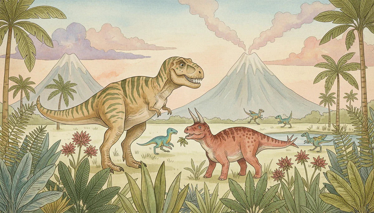 Prehistoric Dinosaur Landscape Mural Wallpaper in Soft Watercolor Mural Wallpaper - room preview 04