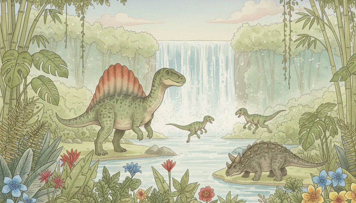 Watercolor Prehistoric Jungle Mural Wallpaper — Soft Earthy Tones Mural Wallpaper - room preview 04