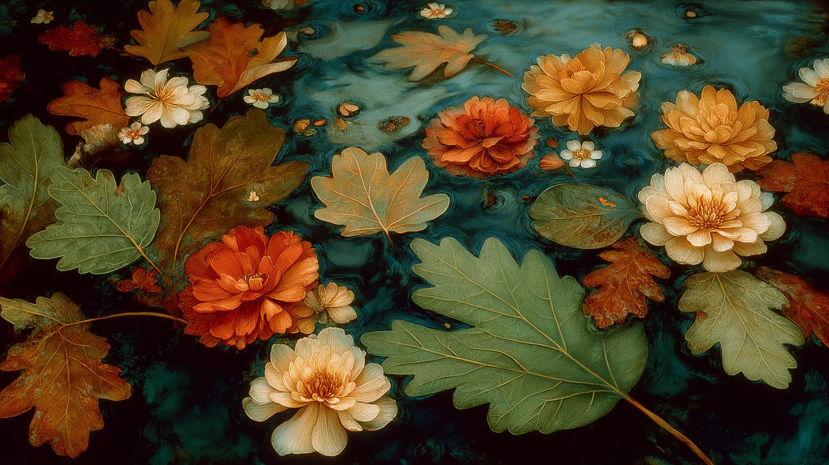Floating Autumn Leaves and Floral Mural Wallpaper - room preview 04