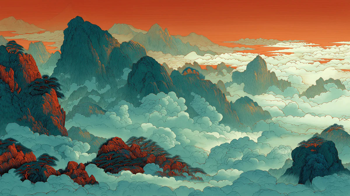 Chinese Landscape Mural Wallpaper — Blue Mountain Sunset Scene Mural Wallpaper - room preview 04