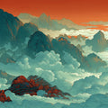Chinese Landscape Mural Wallpaper — Blue Mountain Sunset Scene Mural Wallpaper - room preview 04