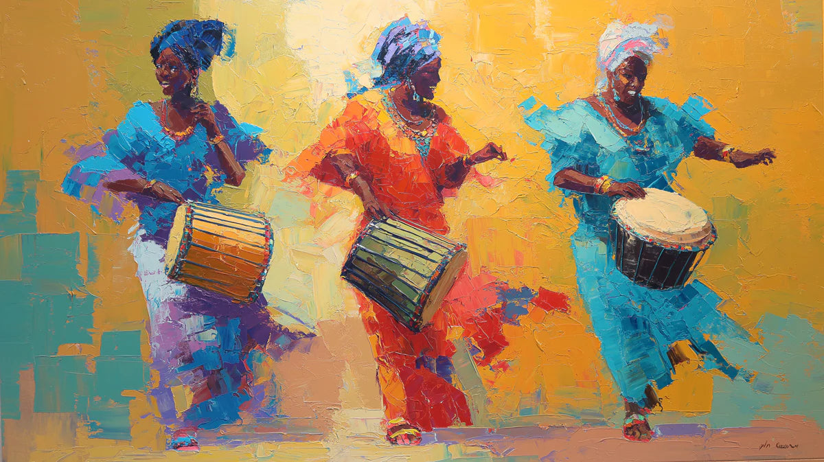African Drummer Dancers Mural Wallpaper — Impressionist Oil Art Mural Wallpaper - room preview 04