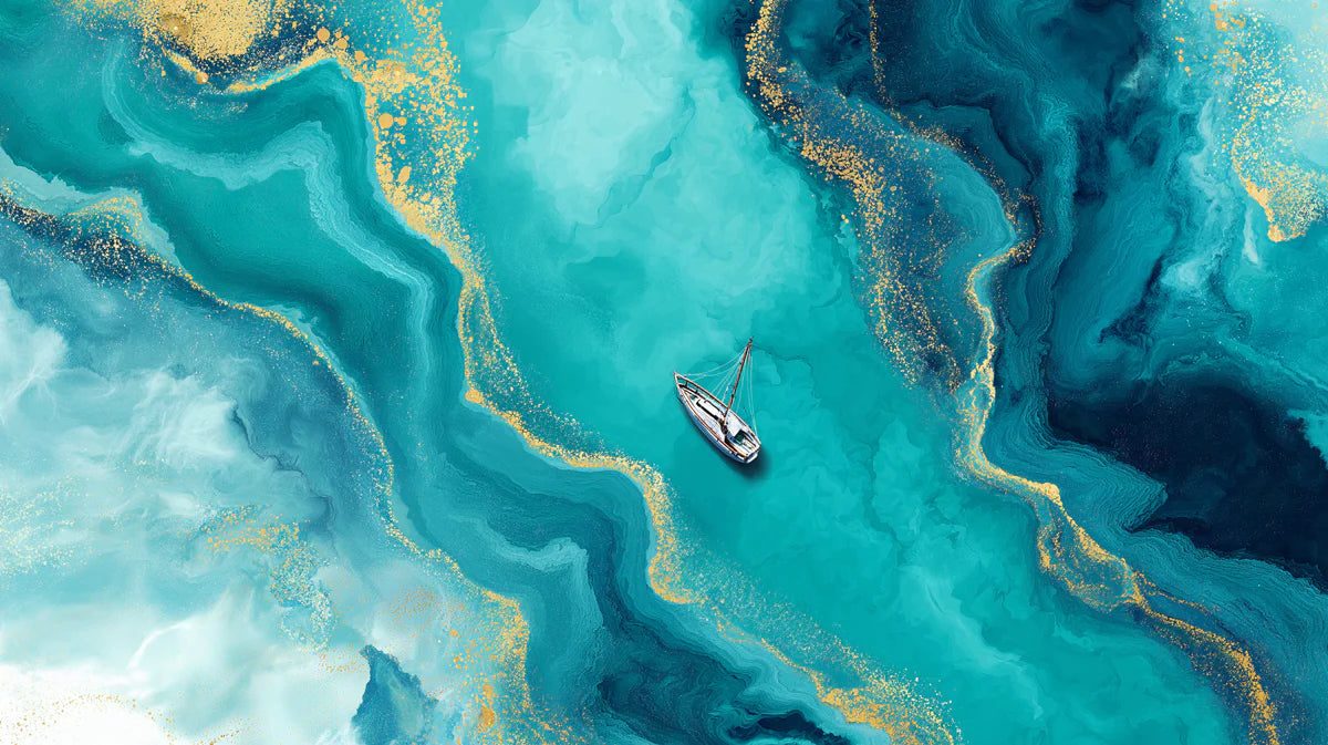 Teal Fluid Ocean Aerial Mural Wallpaper with Gold Accents Mural Wallpaper - room preview 04