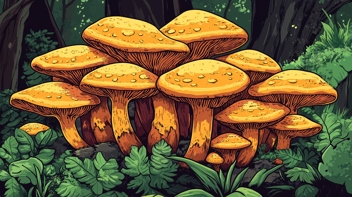 Vibrant Orange Mushrooms in Dark Forest Mural Wallpaper Fantasy Nature Vector Art Mural Wallpaper - room preview 04