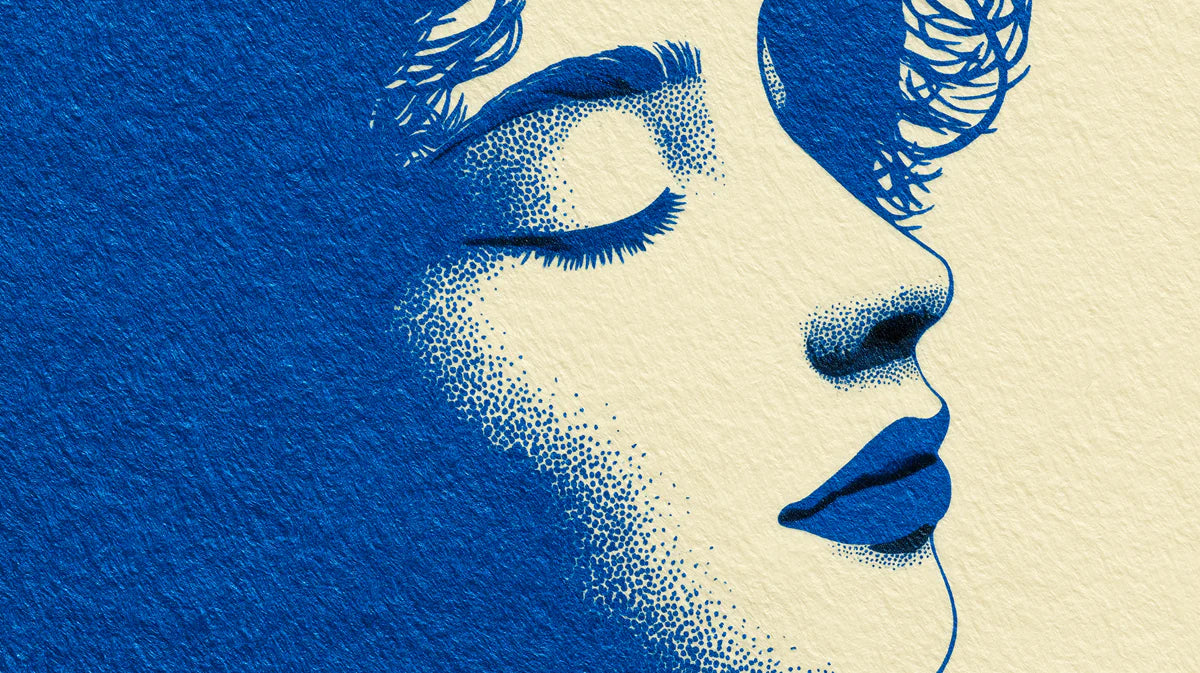 Stippled Woman Portrait Mural Wallpaper — Cobalt and Cream Pop Art Mural Wallpaper - room preview 04