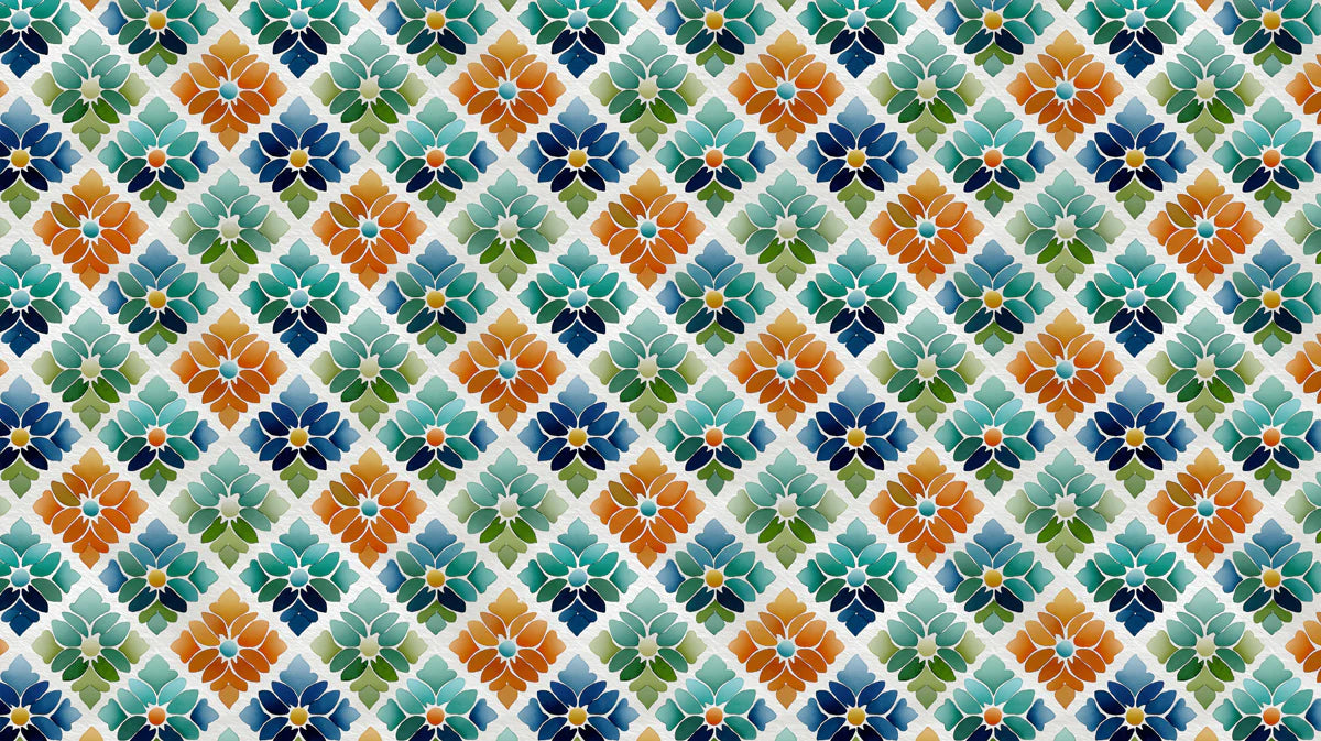 Geometric Floral Tile Mural Wallpaper —Vibrant Retro Mosaic Mural Wallpaper - room preview 04