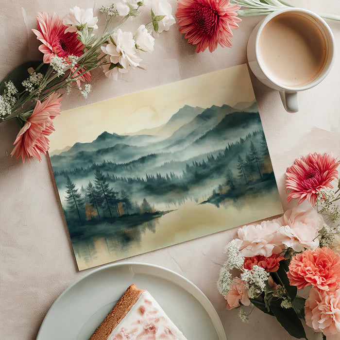 Misty Mountain Lake Mural Wallpaper — Watercolor Landscape Mural Wallpaper - room preview 04