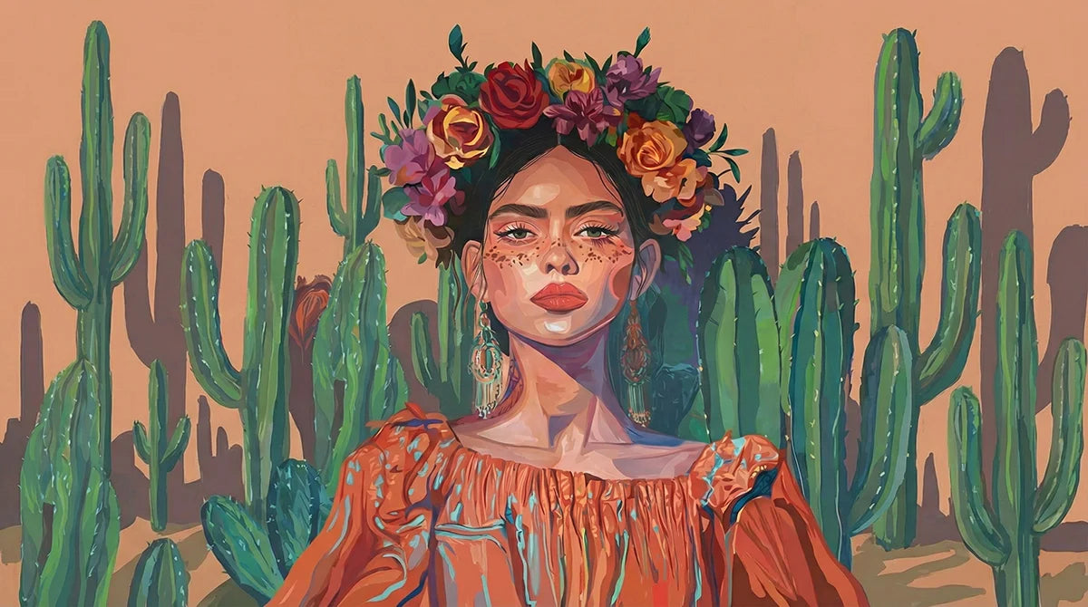 Desert Muse Floral Portrait Mural Wallpaper — Boho Artistic Style Mural Wallpaper - room preview 04