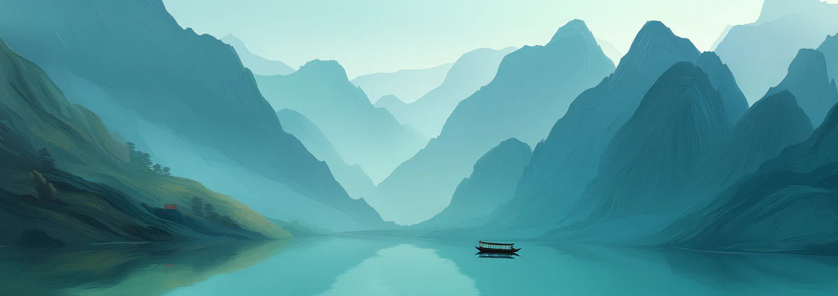 Misty Mountain Lake Mural Wallpaper — Teal Painterly Landscape Mural Wallpaper - room preview 04