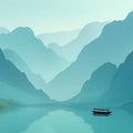 Misty Mountain Lake Mural Wallpaper — Teal Painterly Landscape Mural Wallpaper - room preview 04