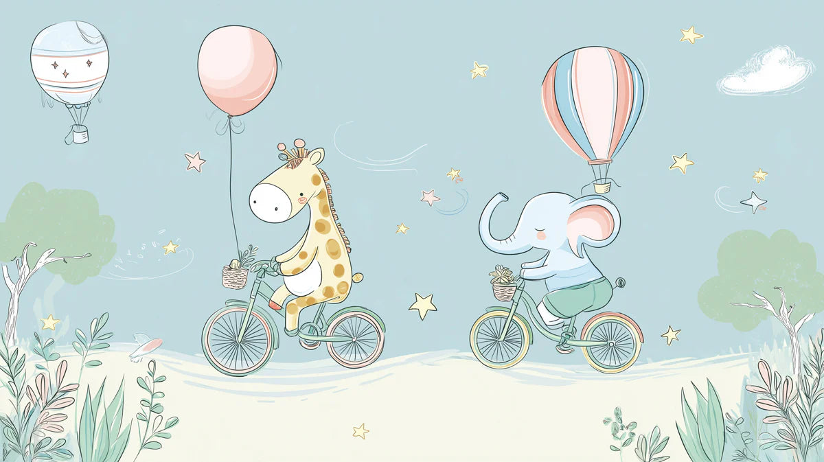 Cycling Safari Animal Mural Wallpaper — Whimsical Kids Decor Mural Wallpaper - room preview 04