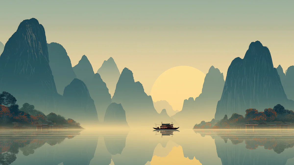 Zen Mountain Lake Mural Wallpaper — Calm Landscape Scene Mural Wallpaper - room preview 04