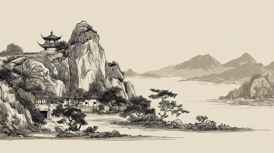 Chinoiserie Wallpaper Mural – Chinese Style Wall Mural – Zen Mountain Pavilion — Traditional Ink Wash Style printable artwork