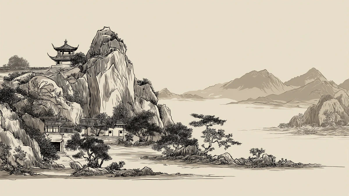 Zen Mountain Pavilion Mural Wallpaper — Traditional Ink Wash Style Mural Wallpaper - room preview 04