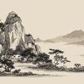 Zen Mountain Pavilion Mural Wallpaper — Traditional Ink Wash Style Mural Wallpaper - room preview 04