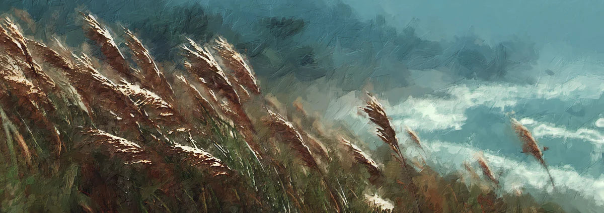Wind Swept Pampas Grass Mural Wallpaper — Impressionistic Coastal Art Mural Wallpaper - room preview 04