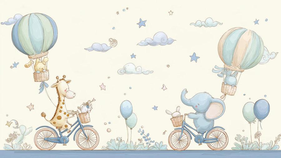 Safari-Freunde Fahrradabenteuer Wandbildtapete — Verspielte Dekoration Wandbildtapete printable artwork