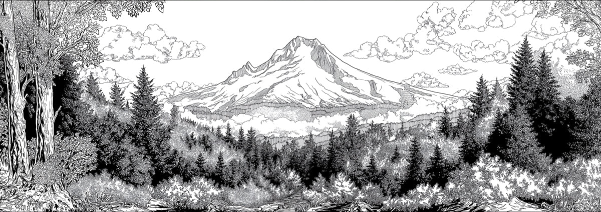 Mountain Peak Landscape Mural Wallpaper — Detailed Sketch Design Mural Wallpaper - room preview 04