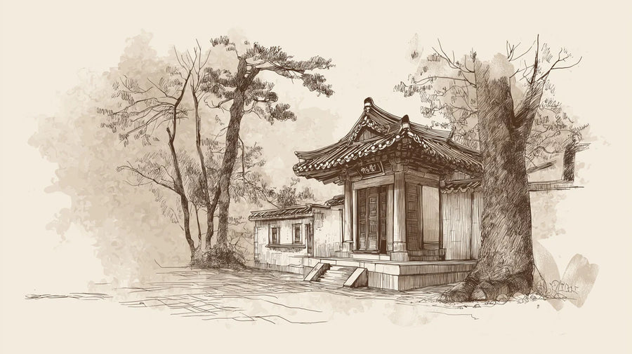 Asiatischer Tempel Skizze Wandbild Tapete — Vintage Sepia Architektur Kunst Wandbild Tapete printable artwork