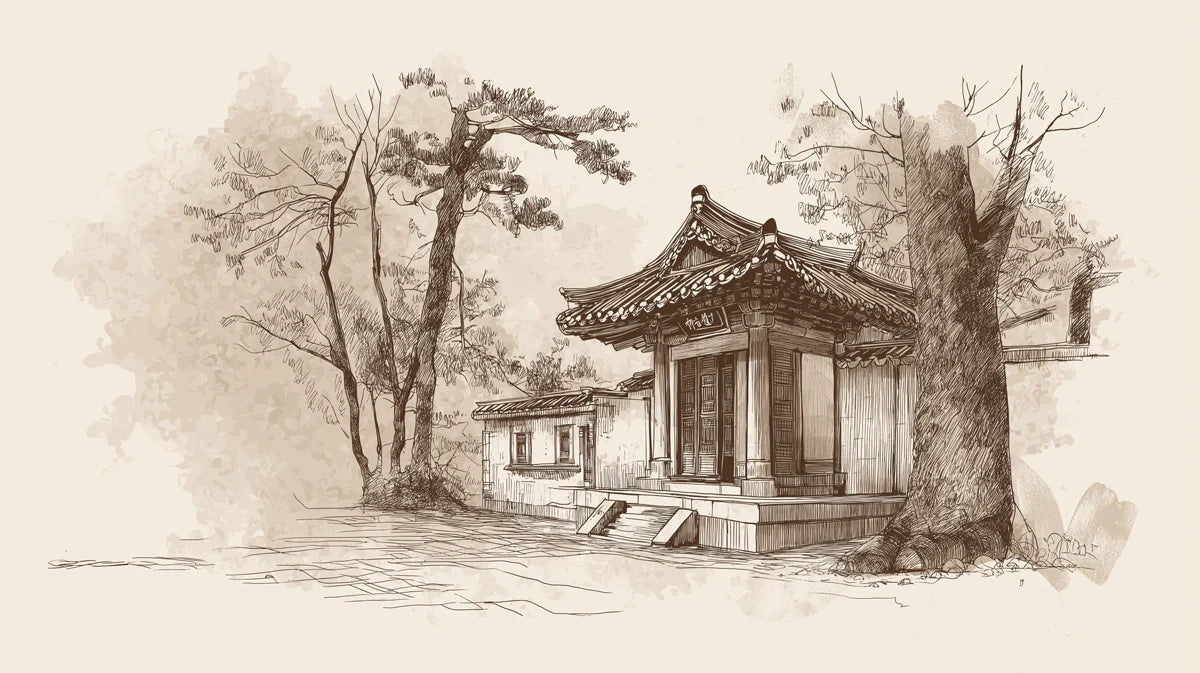 Asian Temple Sketch Mural Wallpaper — Vintage Sepia Architectural Art Mural Wallpaper - room preview 04