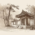 Asian Temple Sketch Mural Wallpaper — Vintage Sepia Architectural Art Mural Wallpaper - room preview 04