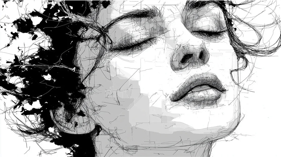 Abstract Wallpaper Mural – Modern Art Wall Mural – Abstract Ink Sketch Portrait — Artistic Monochrome printable artwork