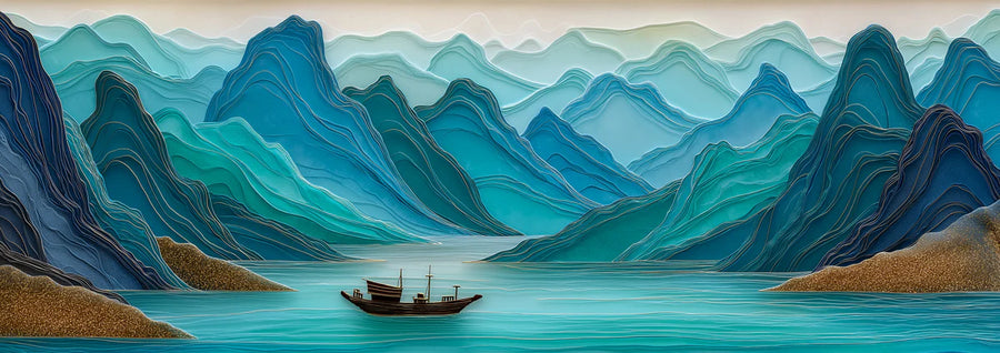 Landscape Wallpaper Mural – Scenery Wall Mural – Layered Blue Mountainscape — Modern Relief Art printable artwork