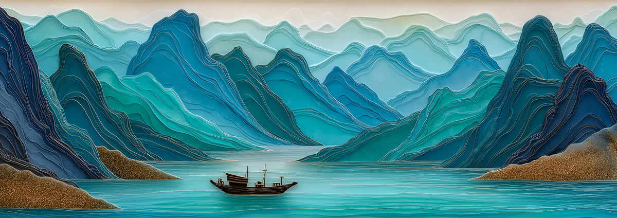 Layered Blue Mountainscape Mural Wallpaper — Modern Relief Art Mural Wallpaper - room preview 04