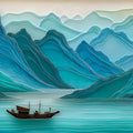 Layered Blue Mountainscape Mural Wallpaper — Modern Relief Art Mural Wallpaper - room preview 04