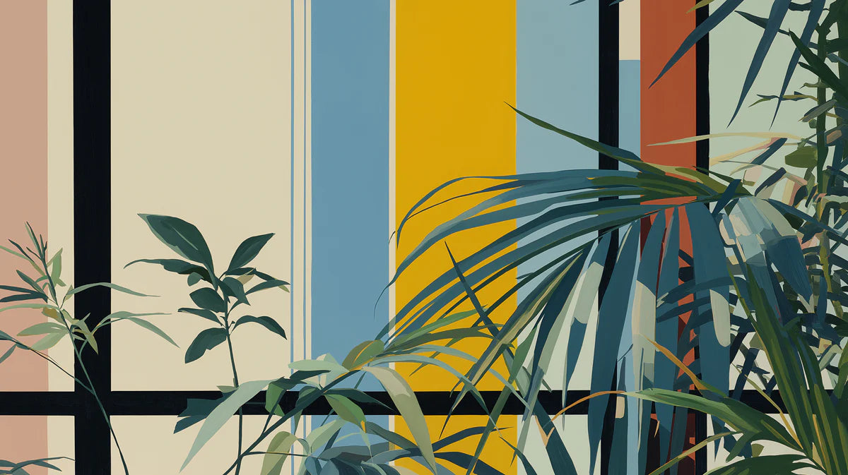 Modern Palm Geometric Mural Wallpaper — Mid-Century Botanical Art Mural Wallpaper - room preview 04