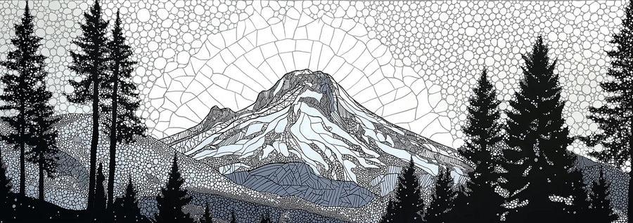 Buntglas-Alpengipfel-Wandbild – Monochromes Mosaik-Landschafts-Wandbild-Tapete printable artwork