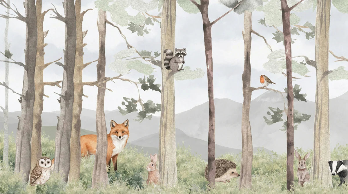 Watercolor Forest Friends Mural Wallpaper — Soft Woodland Scene Mural Wallpaper - room preview 04