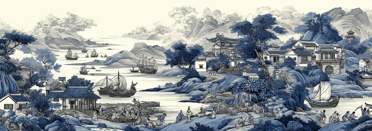 Chinoiserie Seascape Mural Wallpaper — Classic Blue and White Mural Wallpaper - room preview 04