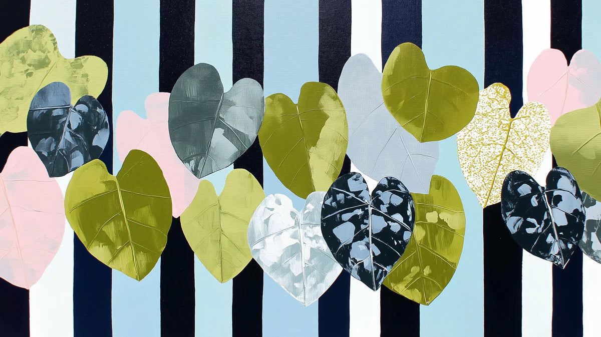 Heart Leaf Botanical Mural Wallpaper — Modern Navy Stripe Pattern Mural Wallpaper - room preview 04